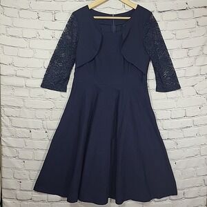 Miusol Dress Tea Length Party Midi Dress XL Navy Blue Lace Sleeves Modest